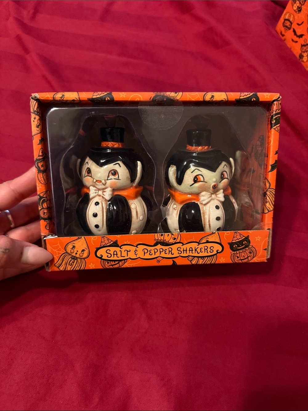 Halloween Vampire Salt and Pepper Shaker Set - Black & Orange Johanna Parker NIB